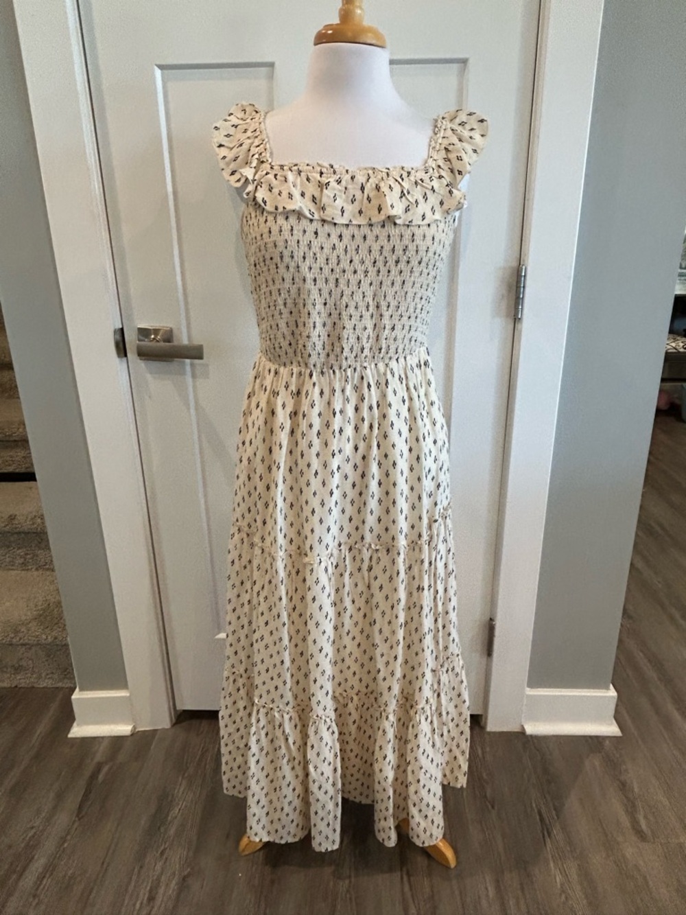 Old Navy Cream Smocked Midi Dress with Black Ditsy Print